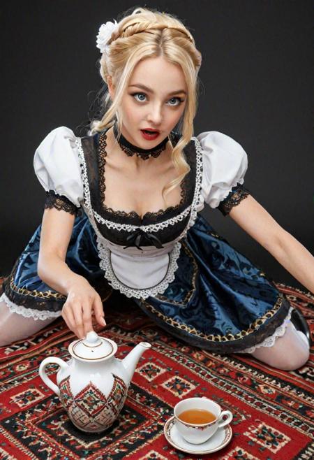 pulsating works of art that capture the essence of Zarabi's design, silk motherhood trace pattern, sexy, android fembot in porcelain doll armour, 19 years old, ukrainian maid hostess tripping forward spilling tea, detailed patterns, intricate weavings, rich colors, in moment action shot, funny comedic, adrr-zrb, perfect face with surprised expression, beautiful, glossy red lips, petite, demure demeanor, aesthetic, beautiful, big eyes, blue iris, long blonde hair updo, oily shiny skin, black lace choker, romantic lighting., vector svg style, cute anime cheerful pose, inviting expression, motion lines, tripping forward, dropping, motion lines