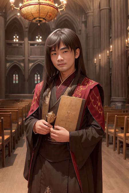 zage,stubble,((Asian)) ,Gryffindor student. Harry Potter universe. Grand hall setting. Studious demeanor. Magic-laden atmosphere. High arched ceilings. Long wooden tables. Reading an ancient spell book. House robes. Gryffindor crest. Floating candles. Stained glass windows. Gothic architecture. Bustling background activity, (masterpiece:1. 0), (best quality:1. 4), (ultra highres:1. 2), (intricate details:1.3), (soft focus:1. 4), (sharp focus:1. 4),Raw photo,1man,