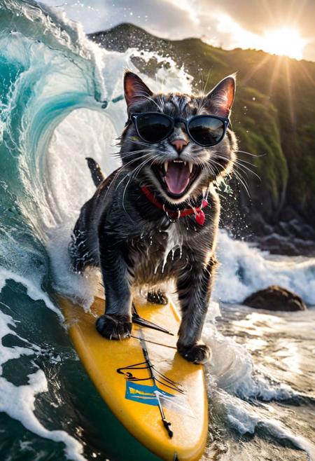 A mesmerizing photograph frozen in time, showcasing a cat skillfully surfing on a surfboard amidst towering waves. The cat, sporting trendy sunglasses and an open-mouthed grin, is captured mid-ride as water splashes around it, adding to the sense of motion and drama. The photograph's high contrast and dramatic lighting enhance the intensity of the scene, transporting viewers to the heart of the action