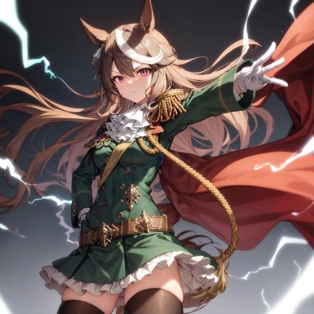 masterpiece, best quality,
symboli rudolf \(umamusume\),
dutch angle, (electricity:1.4), outstretched arm, reaching out, floating cape, serious, hand on hip,
red cape, epaulettes, aiguillette, medal, green jacket, long sleeves, white gloves, white ascot, buttons, double-breasted, belt, green skirt, frilled skirt, dress, zettai ryouiki, gold trim, black thighhighs,
<lora:sybmoli_rudolf_locon:0.6>