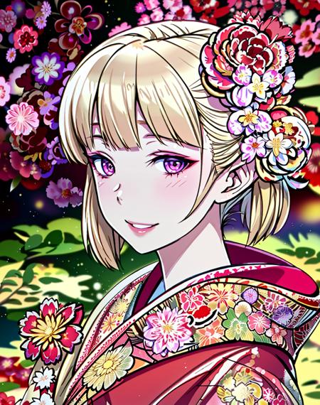 4K, Masterpiece, highres, absurdres,natural volumetric lighting and best shadows, deep depth of field, sharp focus, soft delicate beautiful attractive face,vandread,blonde Nadia, smiling, vandread drawing style,
1girl, solo, hair ornament, upper body, flower, japanese clothes, hair flower, kimono, hair bun, blurry, lips, blurry background, floral print, realistic, red kimono, with a edgJapan haircut,
<lora:Dita:0.25> <lora:Nadia:0.35> <lora:zeronis:1> <lora:edgJapan:1>