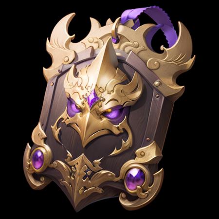 (masterpiece, top quality, best quality, official art, beautiful and aesthetic:1.2),(8k, best quality, masterpiece:1.2),
game icon,A Chinese style token, Moire, Chinese style, writing, carving, pendant a gold and purple shield with a purple ribbon around it and a gold crown on top of it, with a purple ribbon around it, letterboxed, transparent_background, black_background, pillarboxed, black_border,
<lora:GameIconResearch_card_Lora:0.6>