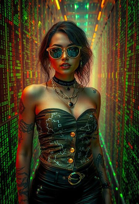 Explore a mesmerizing cybernetic labyrinth filled with scrolling code streams. A woman commands attention with her striking presence. Her gold-buttoned top is adorned with pixel-art constellations, paired with leather pants pulsing with embedded LED circuits. Sunglasses reflect vibrant strings of binary, and a layered necklace projects dynamic holographic runes. The background becomes a grid of shifting emerald green and lime pixels, creating an immersive tech maze bursting with energy. Syd Mead’s digital minimalism harmonizes with Rolf Armstrong's retro-futuristic charm: glowing tattoos embellish her arms, a playful wink directed at the viewer, and a vibrant skin tone. Add flickering code trails and dynamic glitch effects for added visual interest. Capture the essence of Norman Rockwell’s painterly style with visible brushstrokes, highlighting the textures of the velvet and marble. The lighting is warm and inviting, creating a sense of classic beauty and nostalgic allure.