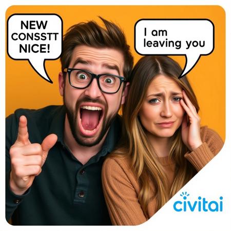 Photo of a very enthusiastic man and a sad crying woman. The man says in a text bubble: "NEW CONTEST, NICE!", the woman says in a text bubble: "I am leaving you". In the bottom right corner is the white and blue logo of "civitai"