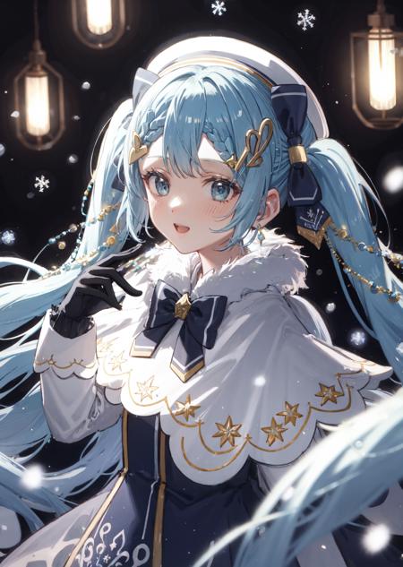 mksks style, masterpiece, best quality, sidelighting, highres,  <lora:yuki_miku_2021-10:1>, 
 yuki miku (2021), 1girl, blue gloves, book, white headwear, blue hair, twintails, musical note hair ornament, gloves, beret, hat, bow, solo, blue eyes, long hair, musical note, capelet, white capelet, braid, light blue hair, snowflake print, blue bow, hair ornament, braided bangs, looking at viewer, hair bow, upper body, white dress, fur trim, fur-trimmed capelet, treble clef, white background, gold trim, dress, very long hair, bowtie, christmas lights, tabard, lily of the valley,  