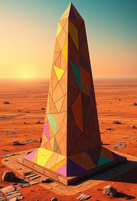 obelisk, savannah, vibrant oil pastel colors, sharp geometric obelisk structure, interlocking polygonal patterns on the surface, multichromatic hues reflecting in sunlight, angular base and pointed top, fragmented terrain around the obelisk, exaggerated scale, recursive shapes in the surroundings, infinite geometry in the landscape, intricate fractal structures in the stone, warm glowing light from the horizon, saturated earthy tones, deep oranges, reds, and yellows, stark natural lighting, sculptural and angular forms, intersecting planes of land and obelisk, fractured ground geometry, rigid stone structure, flowing yet sharp surfaces, primal aesthetic, dystopian vibe, high resolution, photorealism, (emphasis on sharp geometric obelisk forms:1.6), minimal organic details, unsettling, (blurry:-1.2), (ugly:-1.3), (polished:-1.3), (cartoonish:-1.1), (low quality:-1.2), (smooth surfaces:-1.4), (overly ornate:-1.5), (disjointed anatomy:-1.3), (noisy:-1.1), (bad composition:-1.3)