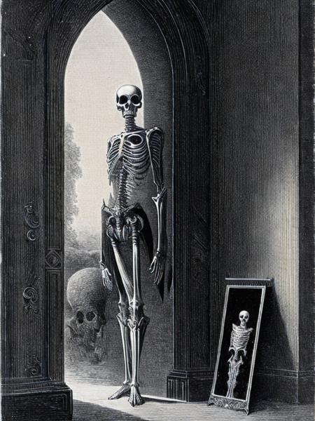 <lora:GustaveDor:1>a black and white painting of a skeleton standing in a doorway with a skull on it's head by Gustave Dor