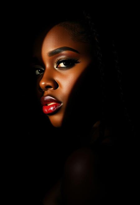 Silhouette Art, magnificent, dark background, portrait of stunning black woman, dreadlocks, seductive, sultry, lustful, fishnet, light hitting one side of face
