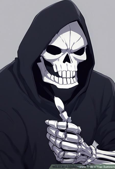 score_9, score_8_up, score_7_up, score_6_up, score_5_up, score_4_up, 1boy, solo, grim reaper, black hood, skeleton, thumbs up, upper body