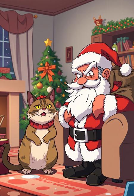 ANIME STYLE, LIVING ROOM, CHRISTMAS TIME, SANTA CLAUS ANGRY WITH A BAG FULL WITH COAT, NEXT TO HIM AN ANGRY COMMON CAT WITH A BANDAGE ON HIS HEAD