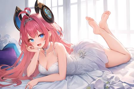 masterpiece, best quality, lsn\(shadowverse\), 1girl, solo, barefoot, blue eyes, dress, long hair, white dress, on stomach, lying, open mouth, looking at viewer, smile, ahoge, choker, pink hair, the pose, hairband, bangs, headgear, soles, full body, feet, :d, bare shoulders, fang, lsn_wedding, wedding dress, beddroom