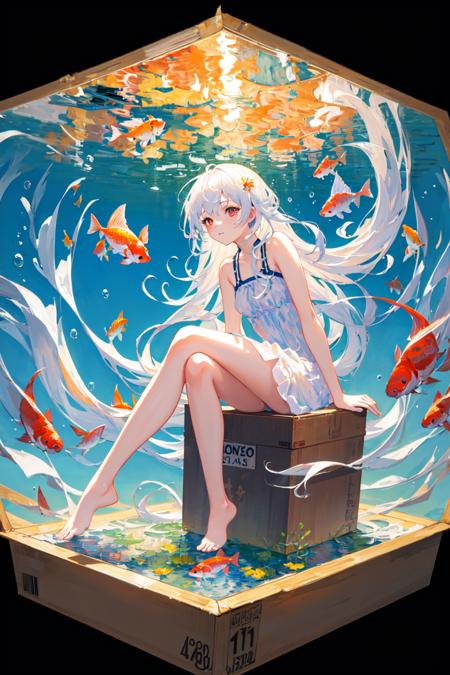 [(Transparent background:1.5)::5],(((masterpiece))),(((best quality))),(((extremely detailed))),illustration, 1girl,solo,mysterious,vivid color,shiny, underwater transparent sealed hemispherical glass dome, white hair,red eyes, full body,barefoot,long hair tranquil nature, koi,Underwater, Dome,close up,Dynamic actions,Lens perspective,(((Box composition))),sit cross-legged and lean against the bookshel,(arm + hand + 1thumb + 4finger),(Impressionism:1.4)