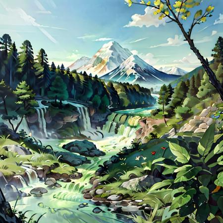 ((masterpiece)), ((best quality)), 8k, high detailed, ultra-detailed, landscape, realism, nature, (majestic mountains), (snow-covered peaks), (rushing waterfall), (crystal-clear river), (lush green forests), (colorful wildflowers), (blue sky), (fluffy clouds), (peaceful atmosphere), capturing the awe-inspiring beauty of a pristine wilderness, <lora:suxiu:0.8>,