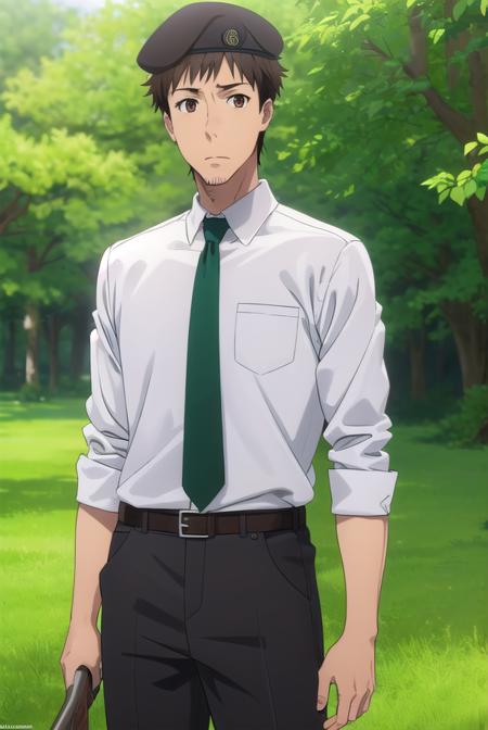 youjiitami, <lora:youji itami s1s2-lora-nochekaiser:1>,
youji itami, brown hair, (brown eyes:1.5), male focus, mature male,
BREAK shirt, hat, white shirt, necktie, collared shirt, belt, pants, uniform, beret, green necktie,
BREAK outdoors, forest, nature, grass, trees, sun, sky, clouds,
BREAK looking at viewer, (cowboy shot:1.5),
BREAK <lyco:GoodHands-beta2:1>, (masterpiece:1.2), best quality, high resolution, unity 8k wallpaper, (illustration:0.8), (beautiful detailed eyes:1.6), extremely detailed face, perfect lighting, extremely detailed CG, (perfect hands, perfect anatomy),