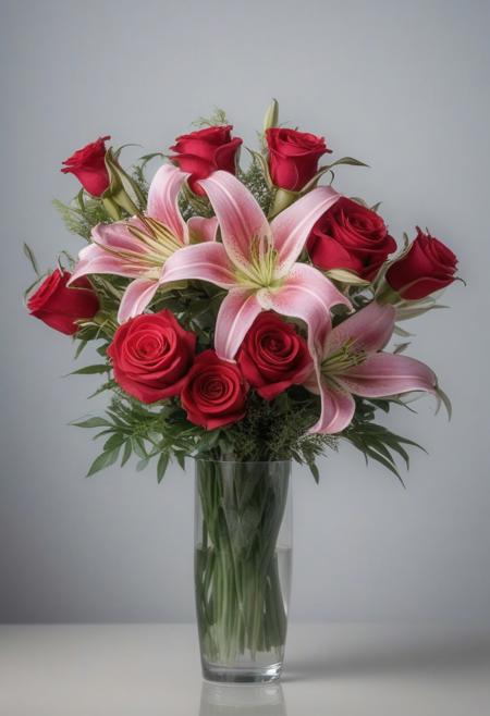 Bouquet of red roses and pink roses and lily flowers placed in a transparent vase in which we see the stems of the flowers, very realistic photography