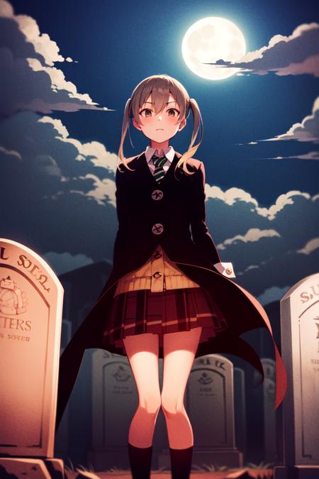 masterpiece, best_quality, 1girl, solo, maka albarn, soul eater, twintails, black coat, plaid skirt, graveyard, tombstone, full moon, night,