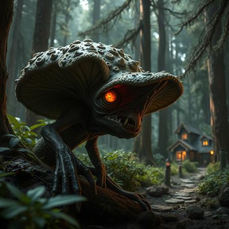 (masterpiece sci-fi dark gritty hyperrealisitic concept art 8k)  fungi capibara zombie thing attacking a cozy perfect forest town, menacingly close up,   atmospheric lighting, dappled light forest