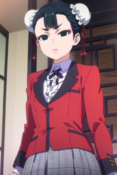 miriyoubami, <lora:miri youbami s2-lora-nochekaiser:1>,
miri youbami, short hair, bangs, black hair, hair bun, (black eyes:1.5), double bun, makeup, empty eyes, bun cover,
BREAK skirt, shirt, school uniform, jacket, white shirt, pleated skirt, collared shirt, black skirt, blazer, (red jacket:1.5),
BREAK indoors, classroom,
BREAK looking at viewer, (cowboy shot:1.5),
BREAK <lyco:GoodHands-beta2:1>, (masterpiece:1.2), best quality, high resolution, unity 8k wallpaper, (illustration:0.8), (beautiful detailed eyes:1.6), extremely detailed face, perfect lighting, extremely detailed CG, (perfect hands, perfect anatomy),