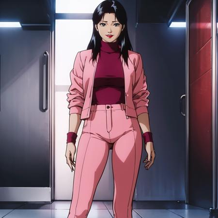 YokoYazaki,1girl,black hair,longhair,black eyes,red_lips_,solo, pink jacket,turtleneck,pink pants, boots,