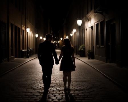 wistful emotional, at night, (from behind) cinematic angled cobbled streets street lights, backlit, chiaroscuro  a man and woman, couple silhouetted, embracing, holding hands, romantic