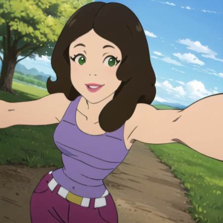 masterpiece, best quality,  <lora:Brenda:1>, Brenda, 1girl, (solo), long hair, smile, brown hair, shirt, standing, full body, belt, pants, makeup, tank top, lipstick, purple pants, selfie, feeling cute, green eyes, 
BREAK
8K, RAW, sharp focus, (dynamic perspective), highres, wide shot, (timeless beauty:1.4), looking at viewer, A Beauty Shot, candid, intricate, (ultra detailed)