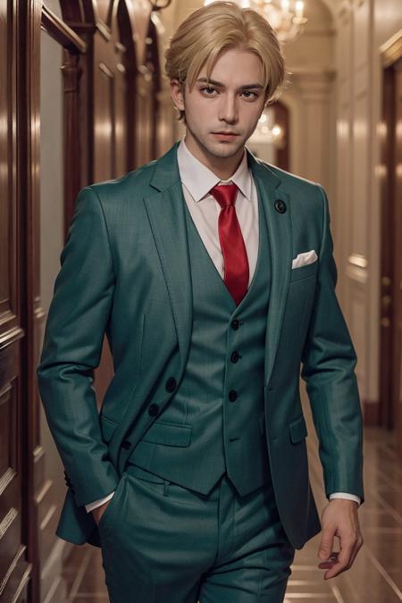 1man, solo, upper body, loidforger man with  light green three-piece suit with a red tie run in corridor palace germany, blonde, blurry background, dramatic, dynamic pose, spy x family, secret agent, bokeh, <lora:ARWLoidForger:1>