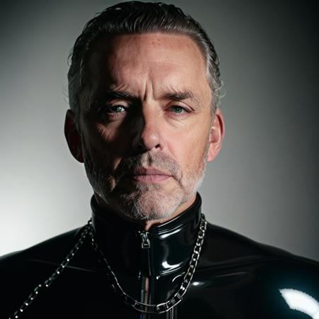 analog gloomy (close up shot) photo of a mature man, <lora:j0rd4np3t3rs0n:1>, (wearing a black latex turtleneck suit), BDSM, (chains, zippers and spikes), photography studio, High Detail, Sharp focus, realistic, best quality, 8k, award winning, dramatic lighting, epic, cinematic, masterpiece, photography studio, Fujifilm XT3