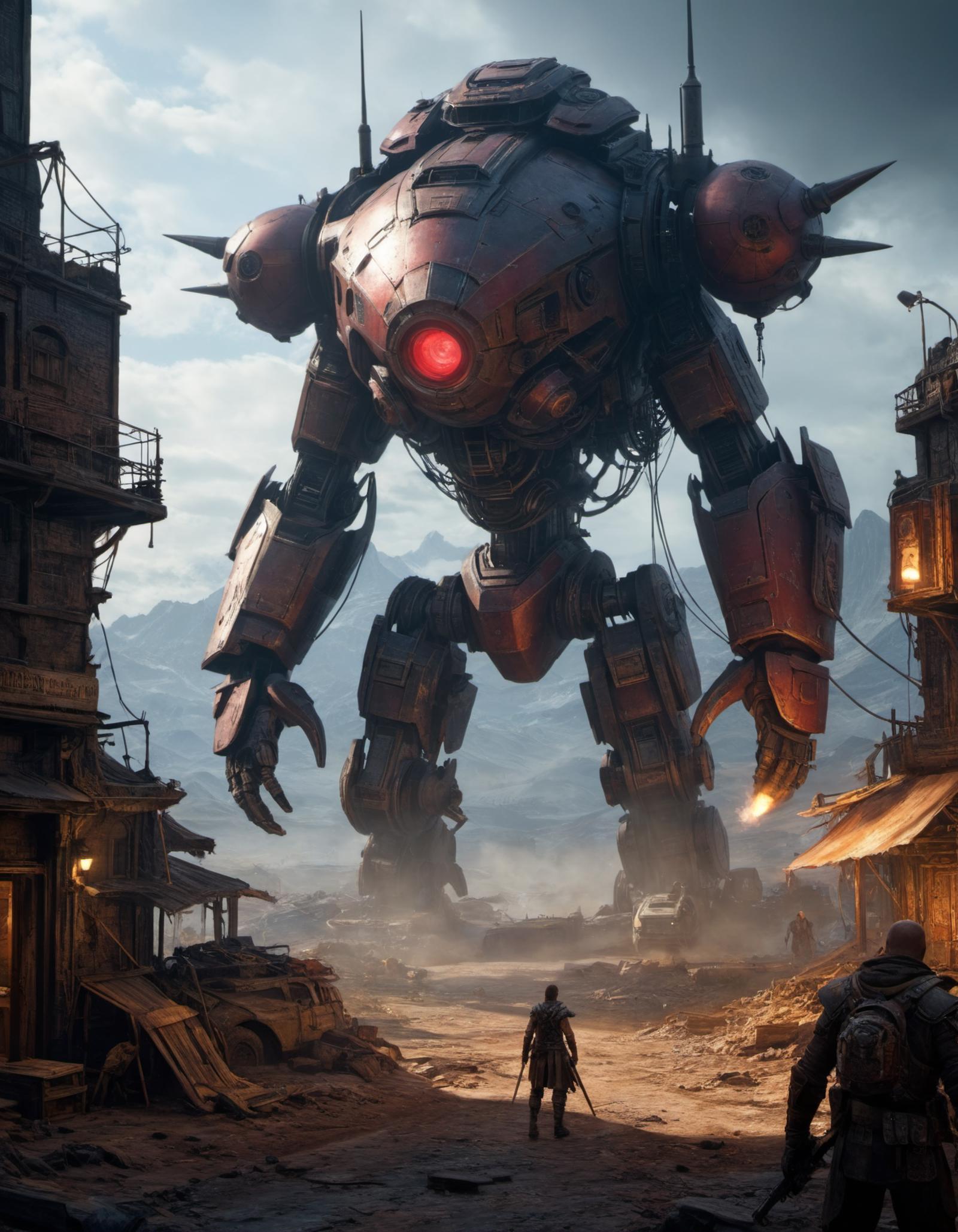 A man and a robot standing in front of a ruined building in a post-apocalyptic city.