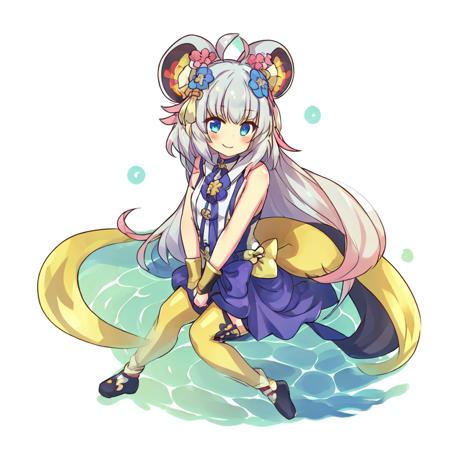 Realistic painting style, masterpiece, best quality, absurdres, pixiv, detailed face
mitsuhide, very big mouse ears, flat color style, (wearing yellow-colored thighhighs,
:1.4) child sized body, tiny girl, very short in height, wearing rounded giant black and gold mouse ears on head, chibi proportions, big head, looking at viewer, wearing yellow raiment hanging from wrists, wearing yellow tassels hanging from wrists, wearing yellow hagoromo hanging from wrists, wearing yellow scarf hanging from wrists, pink colored ahoge, smirking, smug, sitting, blue flower hair ornament, white flower hair ornament, body shot, 1girl, wearing yellow-colored thighhighs, yellow leggings, (zettai ryouki:1.2), black spats, black bicycle shorts, wearing large white cloth ribbon on back, huge white ribbon positioned on lower back, giant cloth ribbon on back, pink hair highlights, dark shorts, dark spandex hot pants, white hair, platinum hair color, long silver thick head hair, blue-colored eyes, gold pendant on chest, gold emblem on chest, underdyed hair style, peekaboo hair style, big blue ribbon on crotch, big blue bow made of cloth on pants,, big blue ribbon on pants, wearing white ribbon on lower back, wearing white and blue-colored gloves on hands, wearing white sleeveless shirt with blue accents no background, blank background <lora:dragalia style:0.65> <lora:mitsu6:.8>