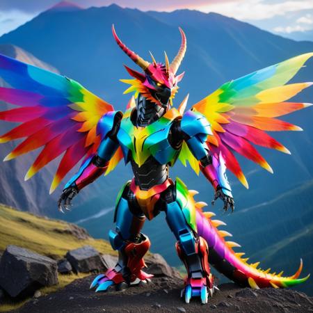 codeandigital,, c0dean0igital,, cyberw0rlds, no humans, Rainb0w M0rph dragon , mountain background, Rainb0w colored wings, claws, solo, open mouth, tail, red eyes, sharp teeth, teeth, monster, robot, full body, non-humanoid robot, horns, mecha, flying, tongue, from side, creature, fangs, science fiction, glowing, wings, spikes, yellow eyes, cd's scales, gem, looking at viewer, Rainb0w M0rph armor, Tokio background, Tokio, mountain
