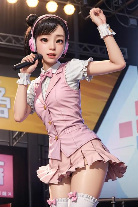 sawamura haruka, ryu ga gotoku, yakuza, bangs, black hair, hair in a bun, swept bangs, brown eyes, lips, in the of Hiroshima, small breasts, white blouse, pink vest, frilled skirt, white hancuffs, pink boots, small pink headphones, on live stage, singing, cute, posing, dynamic pose, looking at viewer, (((best quality, masterpiece))), (((extremely detailed))), RAW photo, realistic, cinematic lighting, best quality, 8k uhd, realistic, (unreal engine 5), , <lora:Sawamura Haruka v2:1>