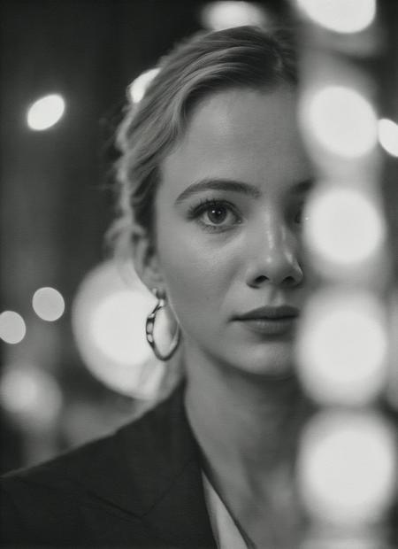 candid RAW close up portrait photo of sks woman in a (purple colored suit:1.0) on a dark street with shopping windows (at night:1.2), bokeh, Ilford Delta 3200 film, dof, high definition, detailed, intricate, flashlight, <lora:locon_freyaallan_v1_from_v1_64_32:1.25>