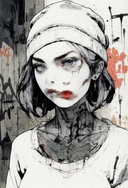Crazy Japanese style ink, highly detailed portrait of an alternative looking female characters, she wears a beanie, a white sweatshirt, she has piercing, tattoos on her neck and face, grey eyes and dyed hair. There is a wall painted with graffiti on the background.