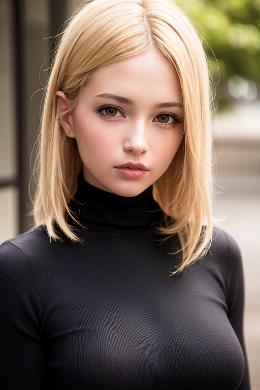 best quality, masterpiece, ultra high res, (photorealistic:1.4), 1girl, looking at viewer, blonde hair, black Turtleneck S...