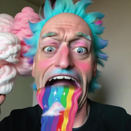 real ukj style selfie of  rick sanchez, large open mouth, cotton candy rainbow stream <lora:rainow_sdxl_ukjstyle_v111602-000003:1>