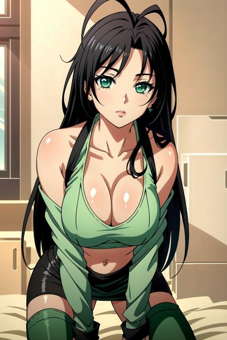 <lora:Chisato Hasegawa:0.5>, Chisato Hasegawa, 1girl, solo, Black hair, long hair, antenna hair, breasts, shirt, large breasts, open clothes, open shirt, Beautiful Green eyes, leaning over, cleavage, Beautiful Detailed Eyes, gloss lips, (((green shoulderless crop top dress, Black Leggings, Knee High Boots,))) suducing stare, upper body, in a room, innocent look, ((Extremely Detailed)), ((Best Quality)), ((Masterpiece)), ((4k)),