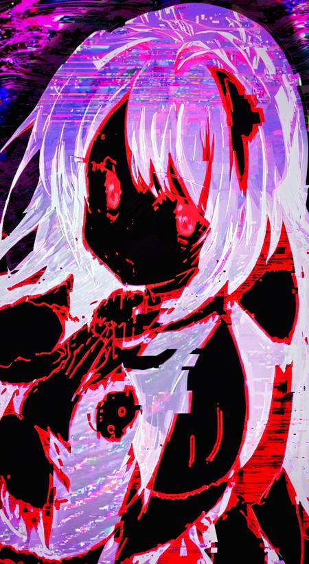 <lora:nfxlyria:1> nfxlyria, anime, glitch, glitchcore woman white hair red eyes