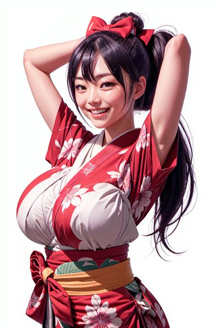 Photorealism Style,  kimono,  bow,  armpits,  white background,  simple background,  arms up,  short sleeves,  ponytail,  smile,  solo,  large breasts,  red kimono,  upper body,  teeth,  brown eyes,  bangs,  japanese clothes,  black hair,  1girl,  hair bow,  open mouth,  looking at viewer,  long hair,  red bow,  realistic, <lora:EMS-49351-EMS:0.800000>