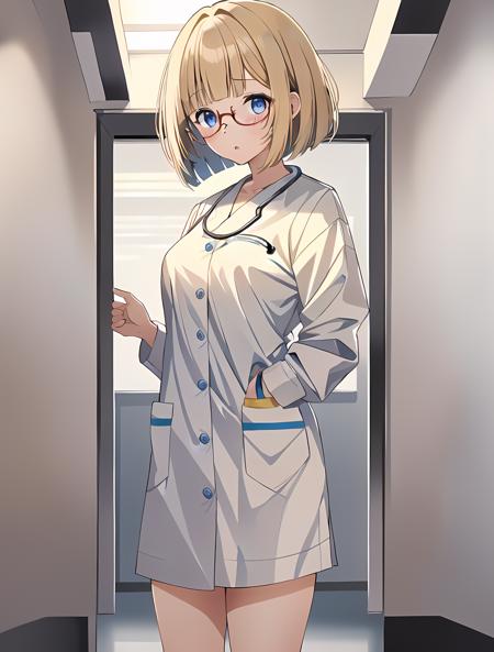 masterpiece, best quality, high quality, labcoat over scrubs, hospital exam room, ((stethoscope)), <lora:LabcoatOverScrubs1_1:0.7> 1girl,(hospital, operating room, infirmiary,clinic),  (kimiko shimoto), <lora:Irene Bradford:0.7> (1girl, 3dcg 05, bangs, blonde_hair, blue eyes, blunt bangs, bob cut, brown hair, brown-framed eyewear, glasses, hair intakes, inverted bob, irene bradford, short hair, small breasts, solo),