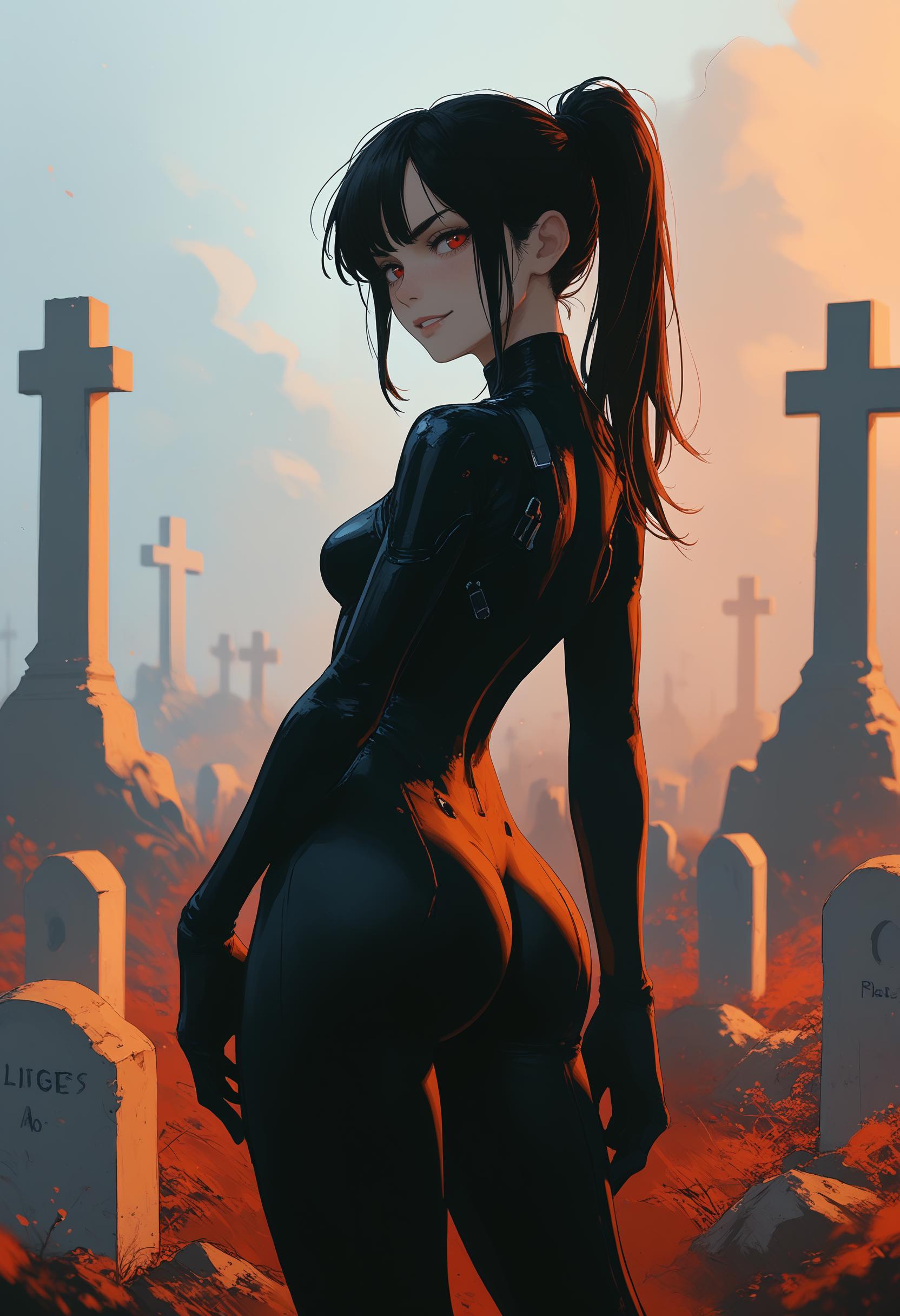 score_9, score_8_up, score_7_up, score_6_up, score_5_up, BREAK, ass,thighs, plugsuit, from_side, smirk, looking_back, inverted colors,graveyard, black ponytail, red eyes, night,<lora:h3ll1shXLP:0.4>, h3ll1sh, <lora:gg3:0.7>, Goth girl, 1girl, solo,  <lora:MJ52_v1.3_Li:0.8>, <lora:MJ52_v2.0:1>