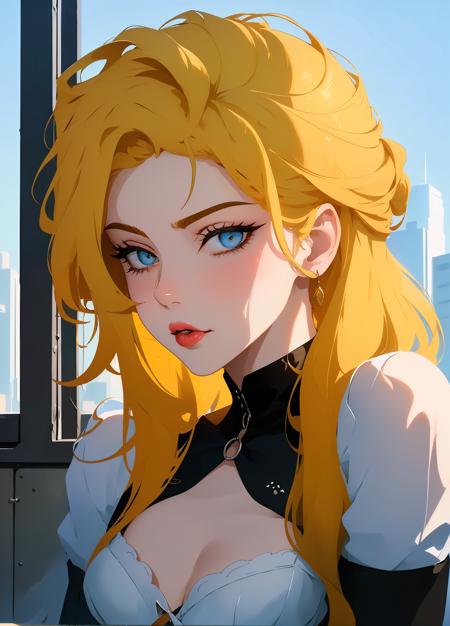 a woman, solo, upper body, (Random:1.3), half-up half-down hairstyle, yellow hair, blue eyes, juicy lips, small breasts, corset, urban rooftop pool with city views, (masterpiece, best quality, detailed:1.3), sexy