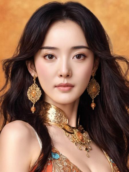 yangmi woman,grin,fashion,high resolution,(warm color palette
 generative art style art:1.33), bywlapophe, greg rutkowski, andry chung, greg rutkowski, long face 34 ° k, full face, long skin, 4 k, mean in artstation fingering, mean in in real life career, hair down, hd highy 2 0 cm, intricate style anime exoskeleton 22 best character  portrait 21 cm, highly detailed, digital painting, artstation fingering <lora:yangmi_XLL6e4_10:0.6>