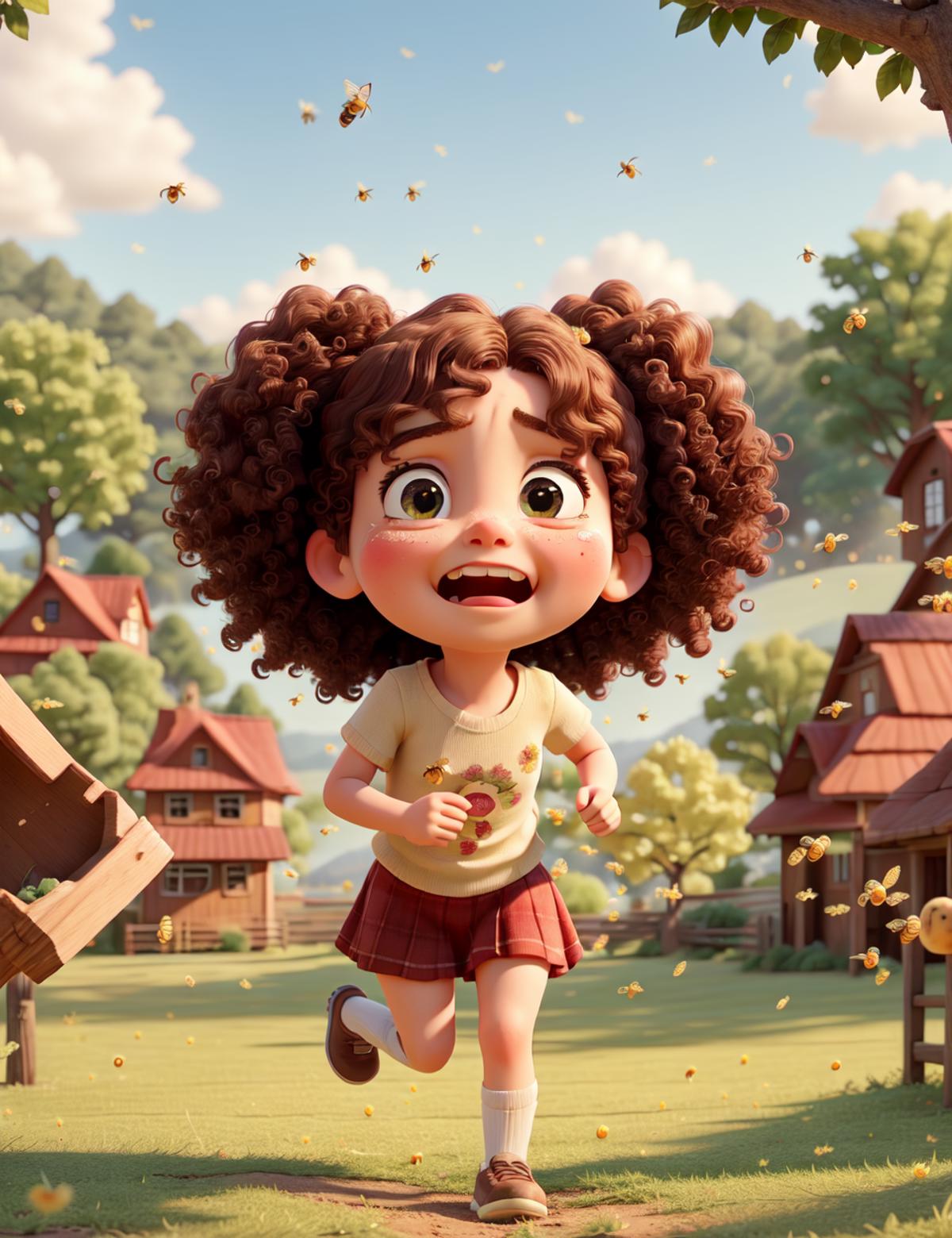"A Cartoon Girl Running Through a Field of Flowers in a Small Town"