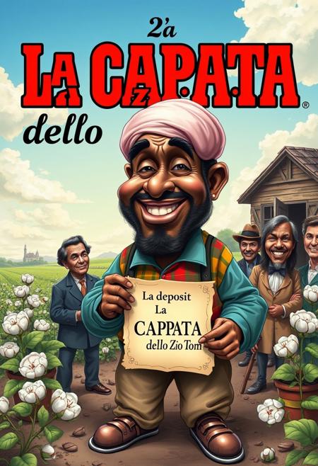 “Create a caricature-style book cover inspired by Uncle Tom’s Cabin, reimagined as La CAPATA dello Zio Tom. The design should combine humor and social commentary with bold, vibrant colors, evoking a 19th-century vintage book cover aesthetic.
Uncle Tom is depicted as a larger-than-life, jovial character with a large, exaggerated bump on his head, having just knocked it against a wall. His attire is patched yet colorful, and he’s holding an oversized, ornate contract or receipt labeled ‘La Capata,’ symbolizing the deposit. The bump on his head adds a humorous, slapstick element to the scene.
Around him, incorporate exaggerated caricatures of key characters from the novel, each embodying whimsical yet pointed social commentary. The plantation backdrop should include surreal, playful elements, such as oversized cotton plants and an idyllic yet exaggerated landscape.
The title, La CAPATA dello Zio Tom, should dominate the cover with intricate, ornate typography, blending classic 19th-century styles with a lively, modern twist. Add small, humorous details, like hidden icons or ironic elements, to complete the satirical tone while respecting the serious themes of the original work.”
