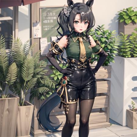 outdoors, satono_crown, solo, (1girl:1.1),  black_side_ponytail, green eyes, bare_shoulders, sleeveless, long_legs, horse_ear, single_crown_hair ornament, horse_tail, (black collar), yellow braid tie, lace_green_shirt, black_elbow_gloves, black_skirt,  pantyhose, thigh_boots, standing, hands_on_hips, (full_body:0.8), <lora:satono_crown_v1.0_locon_AdamW8bits:0.65>