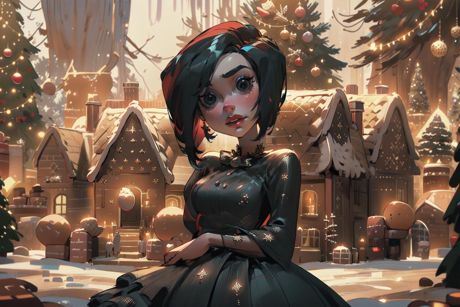 A girl in a black dress stands near a Christmas tree in a snowy village, with a Santa Claus figure in the background.