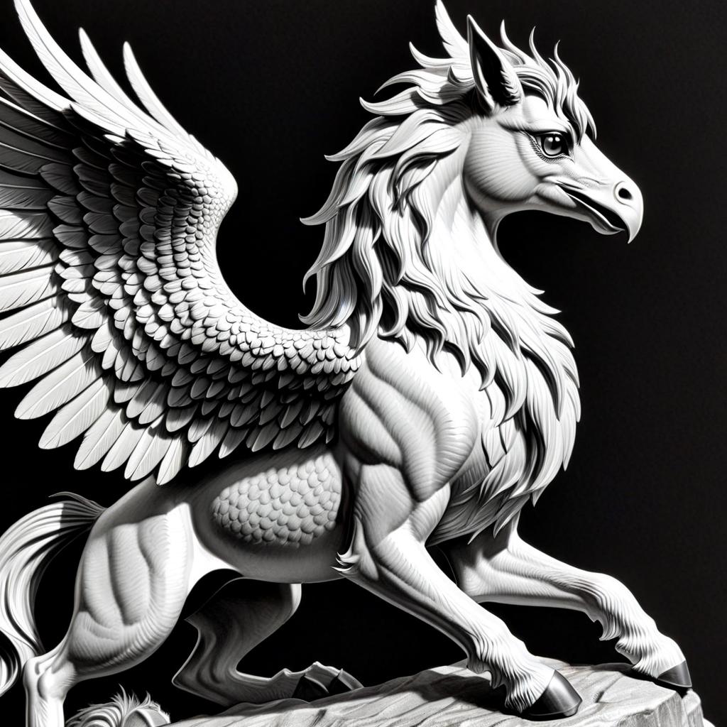 (Cinematic Photo:1.3) of (Cel shaded:1.3),(Happy:1.3) line art trinket depicting a Hippogriff - Legendary creature with the front half of an eagle and the hind half of a horse.  Henry Scott Tuke, natural, shimmering, vibrant, gothic, rpg,1400ad, ultra detailed, detailed, immersive, reminiscent of high fantasy RPG games, HD, masterpiece, best quality, hyper detailed, super realistic, perfect face, perfect hands, award-winning, professional, breathtaking, lovely Gorge dry weather 1920s commercial illustration . magazine cover illustration from the 1920's, exaggerated realism, a hint of caricature <lora:CharcoalDarkStyleXL:1> <lora:Dark Fantasy:1> <lora:detailed_notrigger:1>,(by Artist Peter Gric:1.3),Highly Detailed,(Lowbrow Art:1.3),(BW:1.3)