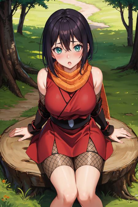 masterpiece, best quality, <lora:souka-nvwls-v1-000009:0.9>  souka, orange scarf, red dress, sash, vambraces, fishnet shorts, looking at viewer, large breasts, :o, blushing, from above, sitting, forest, tree stump