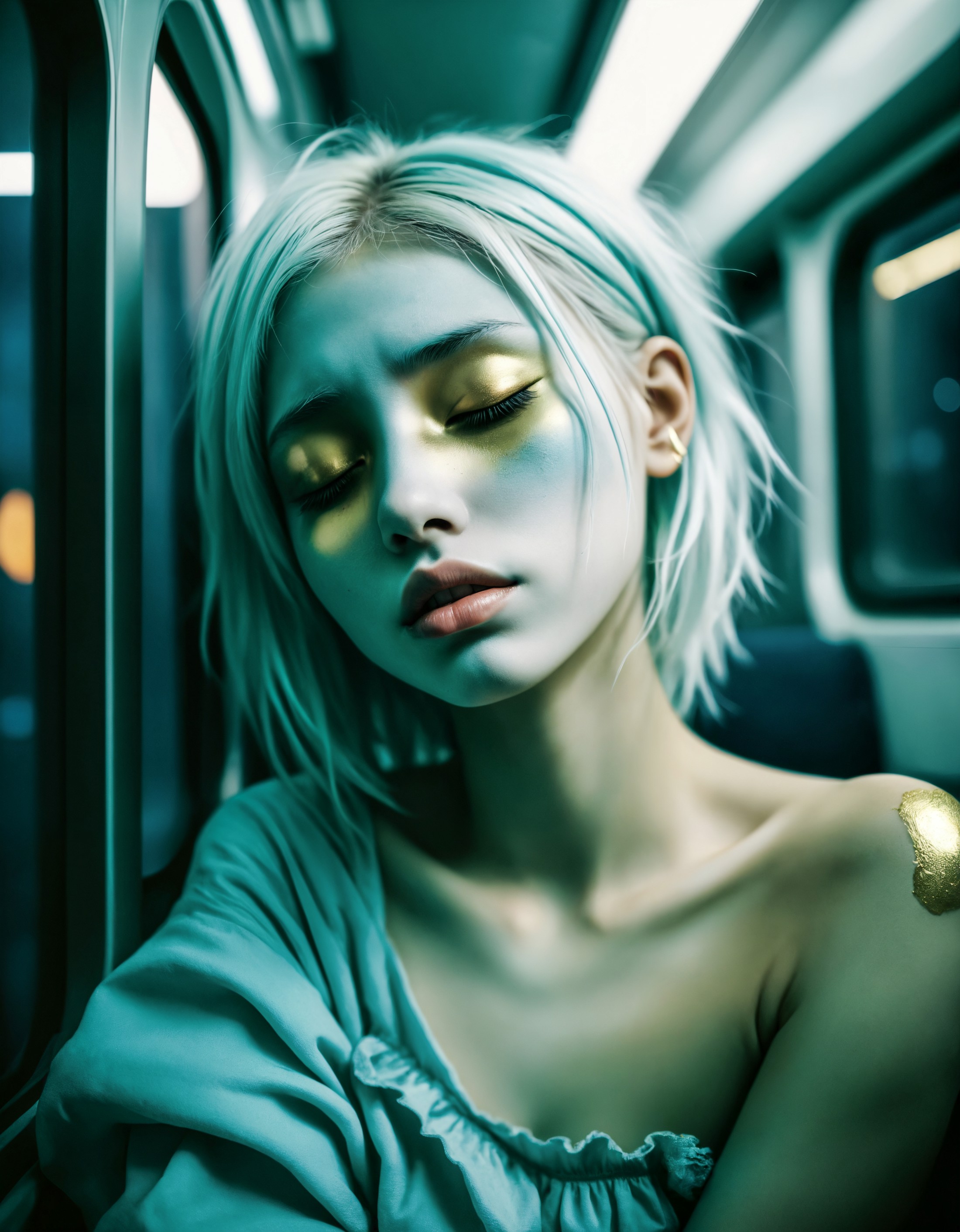 candid snapshot of a young alien girl with (aqua-coloured skin and with golden dust:1.2) and with white hair as a tired pa...