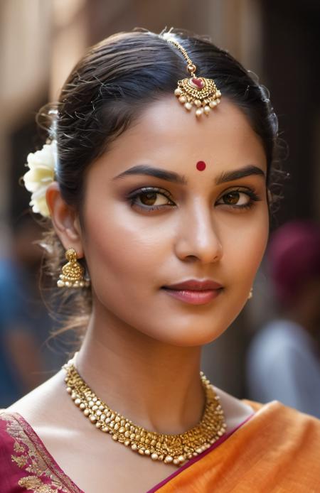 (3/4 headshot photo) of woman, Indian, she is looking directly at the camera, 30 years old, heart shaped face,  wide cheekbones, a gently rounded jawline, a slightly pointed chin, dark almond-shaped eyes , thick black eyelashes, nose is straight and subtle, skin glows under the warm sunlight,  lips are full and sensual,  expressive eyes ,eyebrows are well arched, hair is styled in an elegant bun, held together by a delicate floral accessory,  brightly colored lipsticks, realistic skin details, detailed face, detailed skin, wearing vibrant saree, reflecting the colors -reds, oranges, yellows, and blues  ,wears gold or silver necklaces, earrings, bracelets, background as colorful local markets or bustling city streets , (hyperrealism, soft light, sharp), Cannon EOS 5D Mark III, film grain, smooth, sharp focus, high resolution, award winning photo, masterpiece, intricate detail, octane render, cinematic shot, realistic lighting, sharp focus, rule of thirds, cinematic lighting, soft lighting, detailed shadows, realistic shadows, <lora:LowRA:0.4>,  <lora:add_detail:0.5>